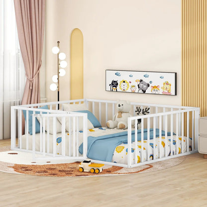 Metal floor bed frame with fence and door, white finish, kid-friendly panel bed on Tampa Home & Garden Store