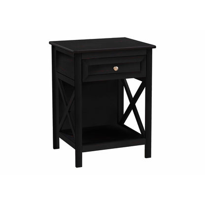 Accent End Table with black finish, 2-tier design, storage drawer and X-frame sides on Tampa Home & Garden Store