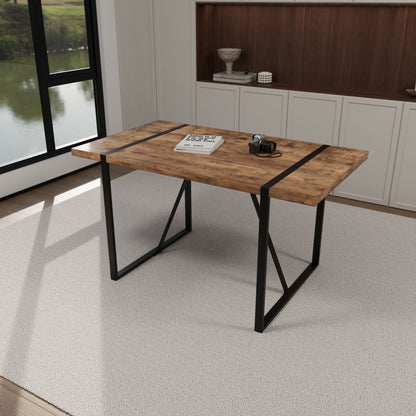 Rectangular light brown wood dining table with black metal frame and angular legs on Tampa Home & Garden Store