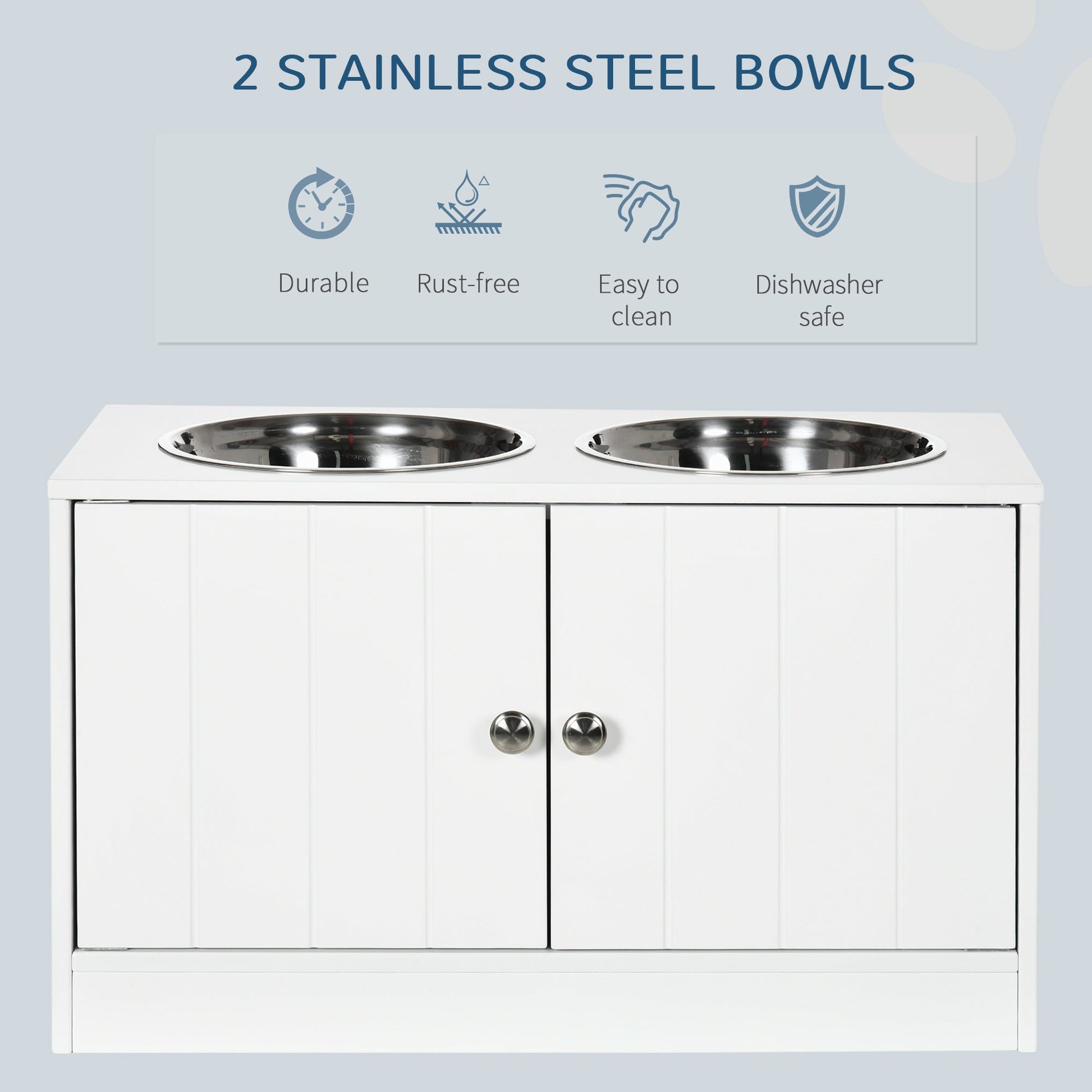 PawHut large elevated dog bowls with storage cabinet, two stainless bowls on white cabinet on Tampa Home & Garden Store