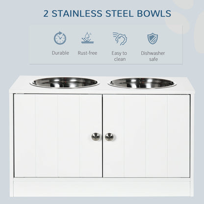 PawHut large elevated dog bowls with storage cabinet, two stainless bowls on white cabinet on Tampa Home & Garden Store