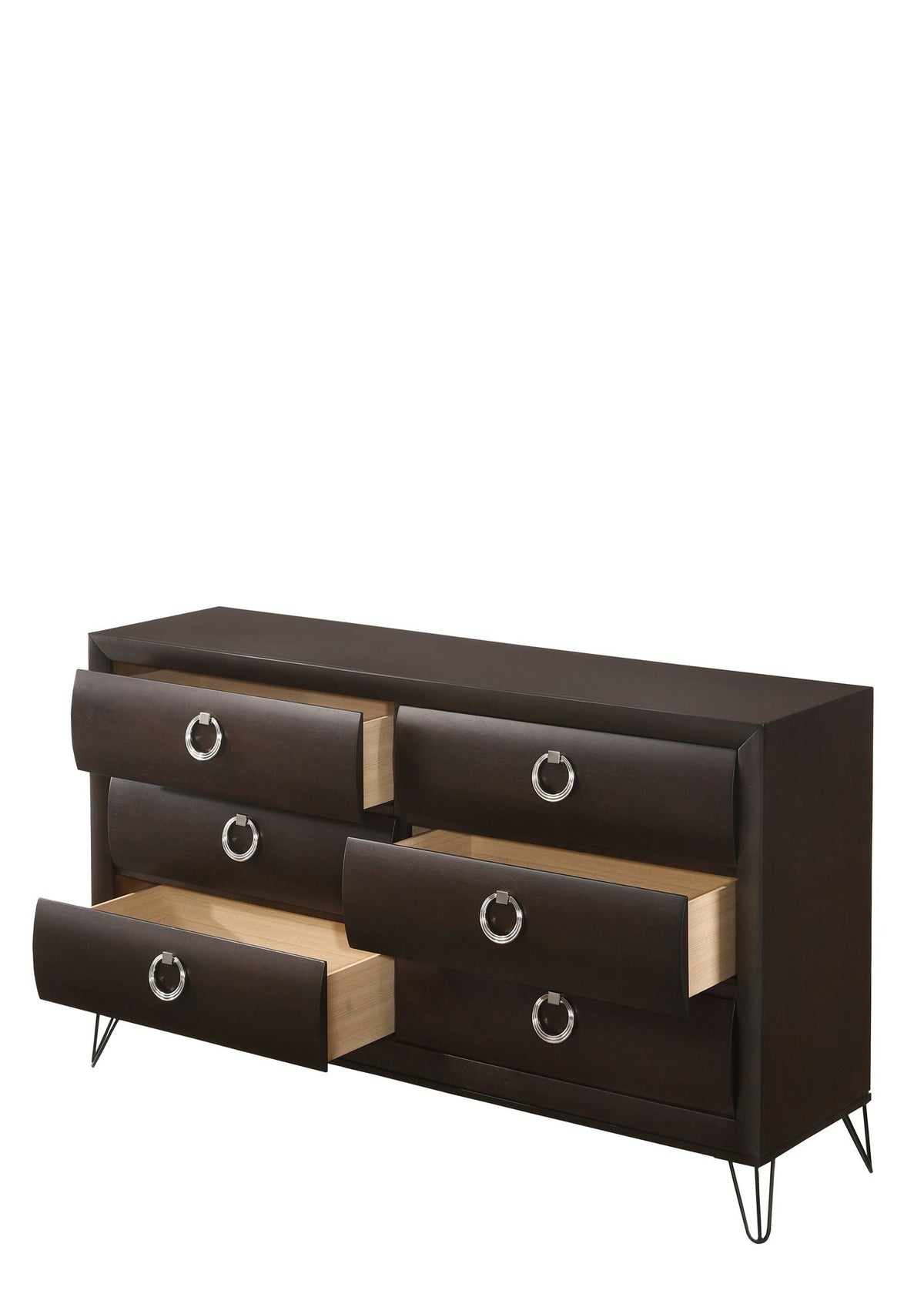 Brown dresser with stainless steel hardware and V legs, six-drawer unit on Tampa Home & Garden Store