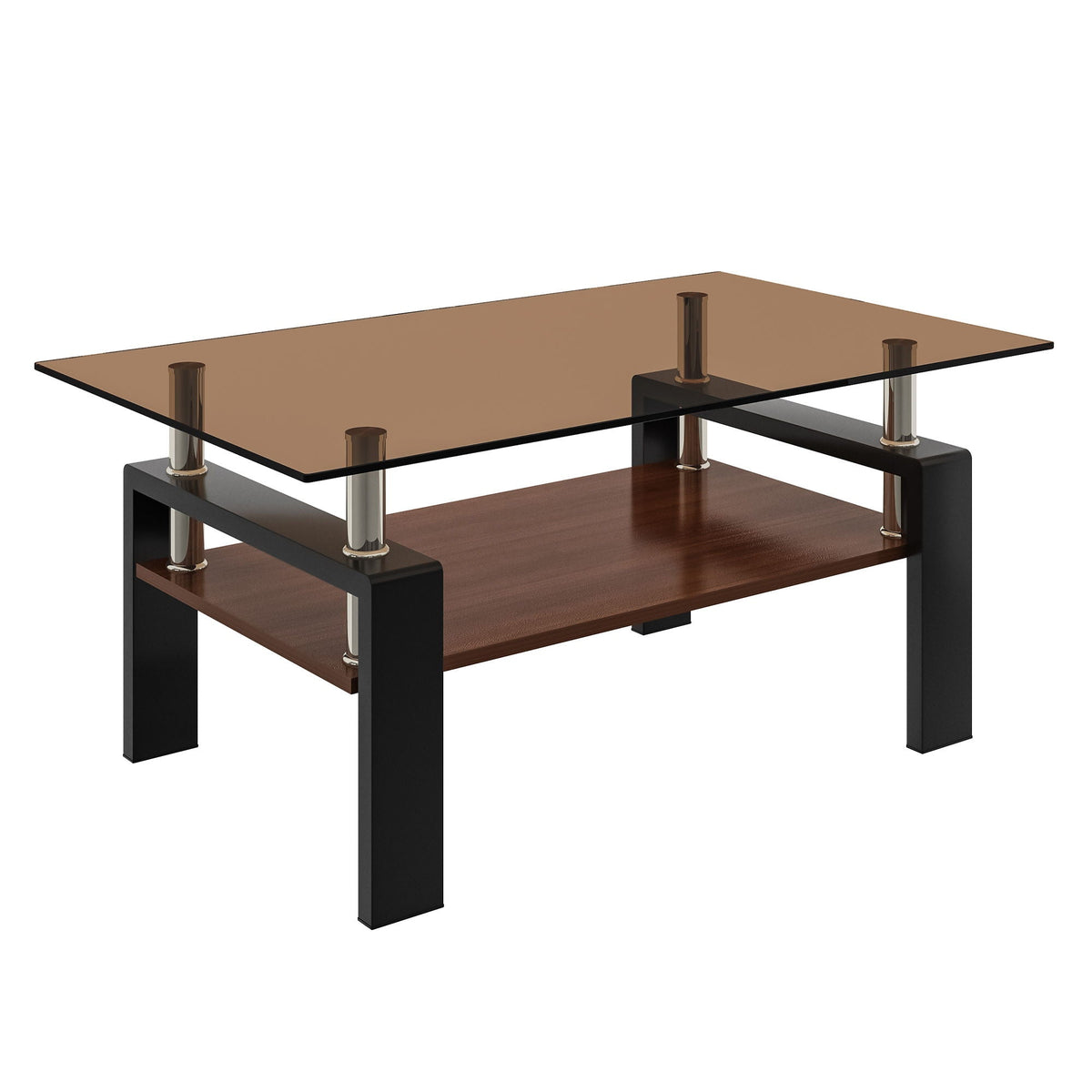 Rectangular coffee table with brown tempered glass top and dark wood shelf on Tampa Home & Garden Store