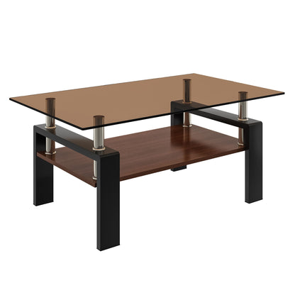 Rectangular coffee table with brown tempered glass top and dark wood shelf on Tampa Home & Garden Store