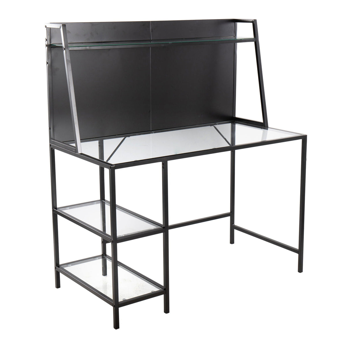 Contemporary Glass Writing Desk with storage shelves, black metal frame, HouseOfZazla on Tampa Home & Garden Store