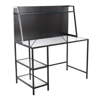 Contemporary Glass Writing Desk with storage shelves, black metal frame, HouseOfZazla on Tampa Home & Garden Store
