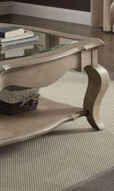 Chelmsford clear glass coffee table in taupe with curved legs and lower shelf by HouseOfZazla on Tampa Home & Garden Store