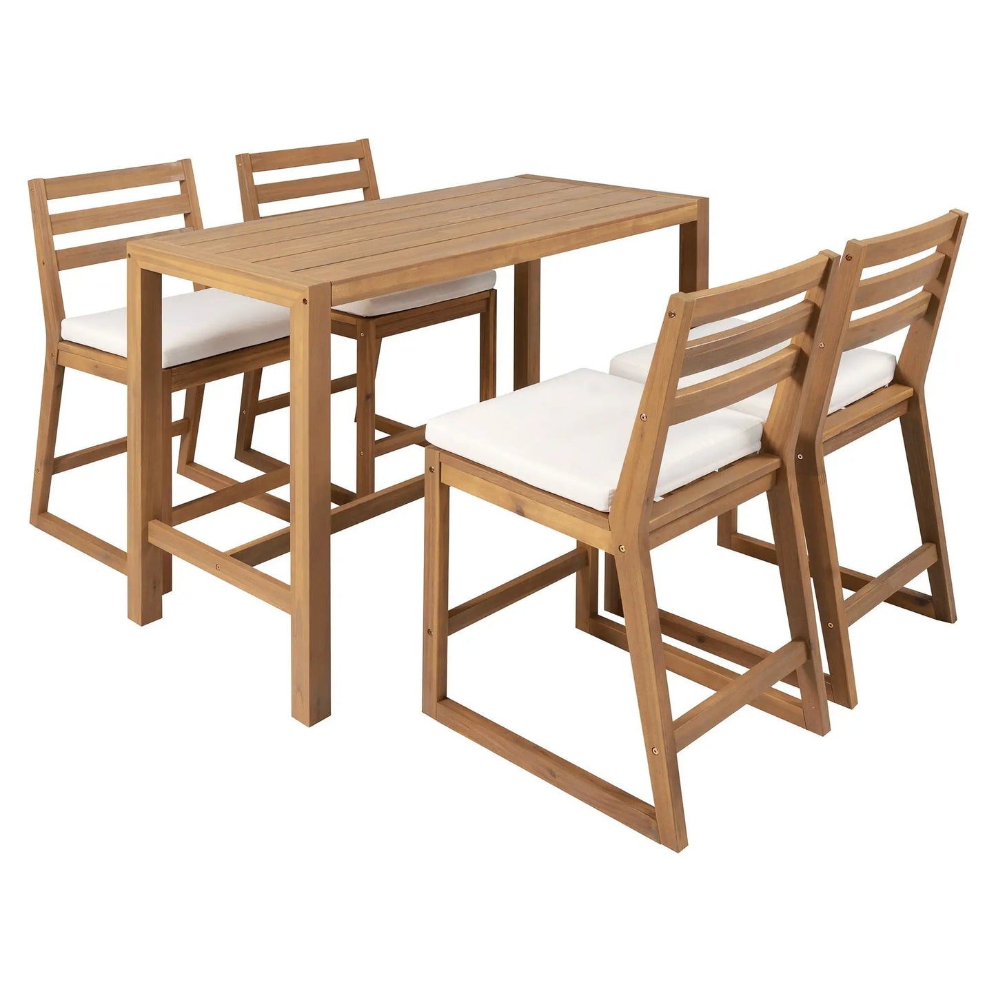 Patio bar set with ergonomic teak chairs and white cushions, 5-piece outdoor dining set on Tampa Home & Garden Store