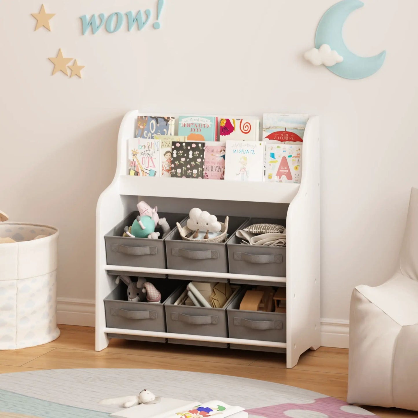 Bookshelf with 6 gray fabric storage bins in white finish, children's bookcase and toy organizer on Tampa Home & Garden Store