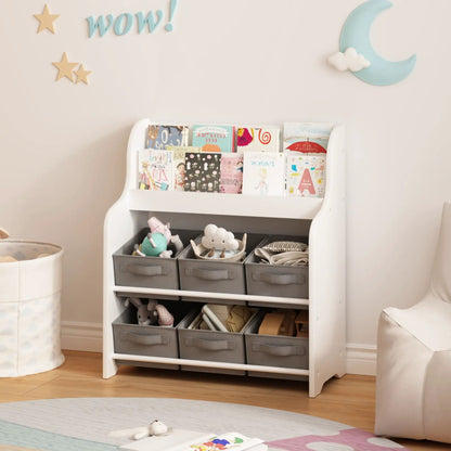 Bookshelf with 6 gray fabric storage bins in white finish, children's bookcase and toy organizer on Tampa Home & Garden Store