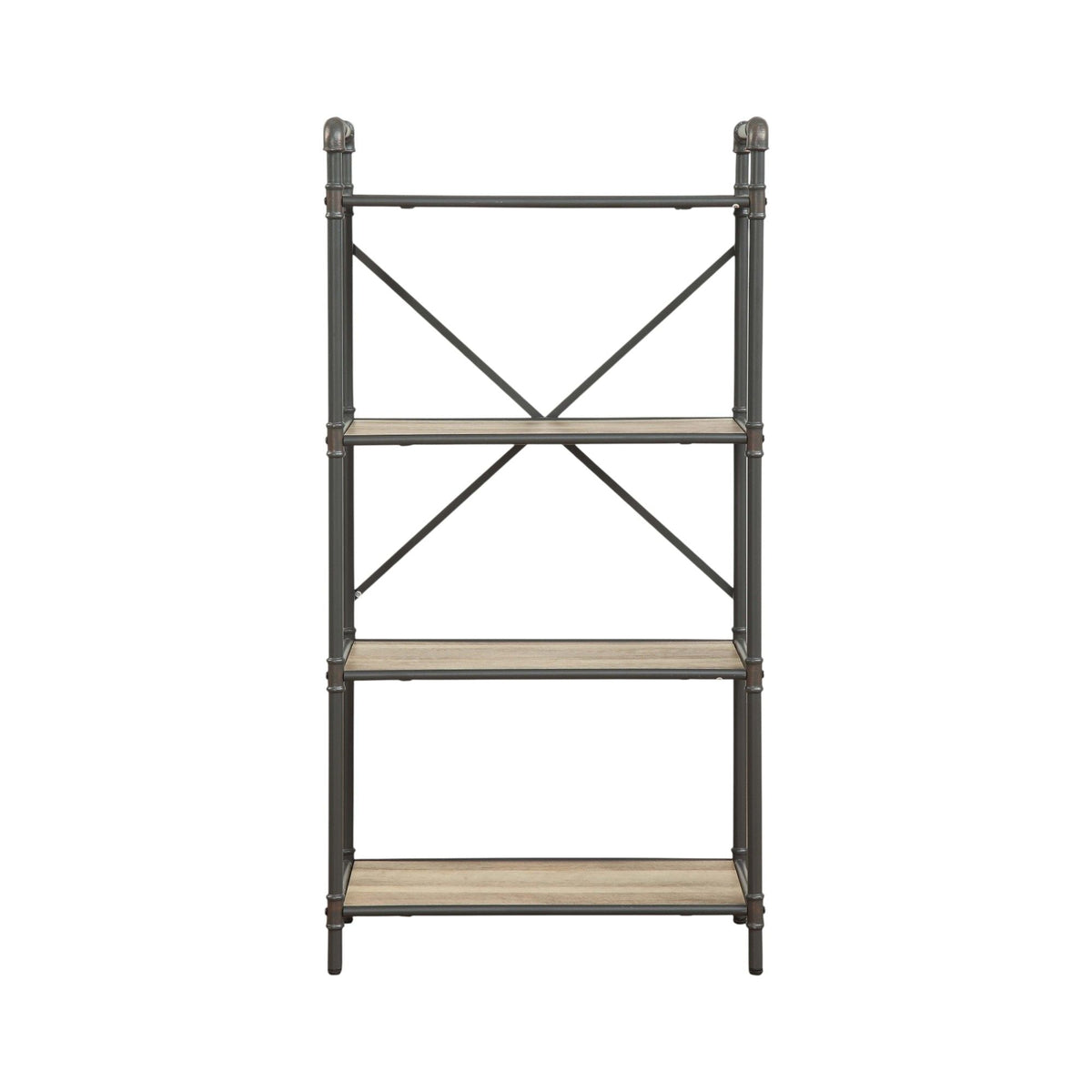 Light brown bookshelf etagere with durable metal frame and cross braces on Tampa Home & Garden Store