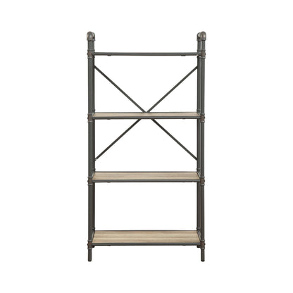 Light brown bookshelf etagere with durable metal frame and cross braces on Tampa Home & Garden Store