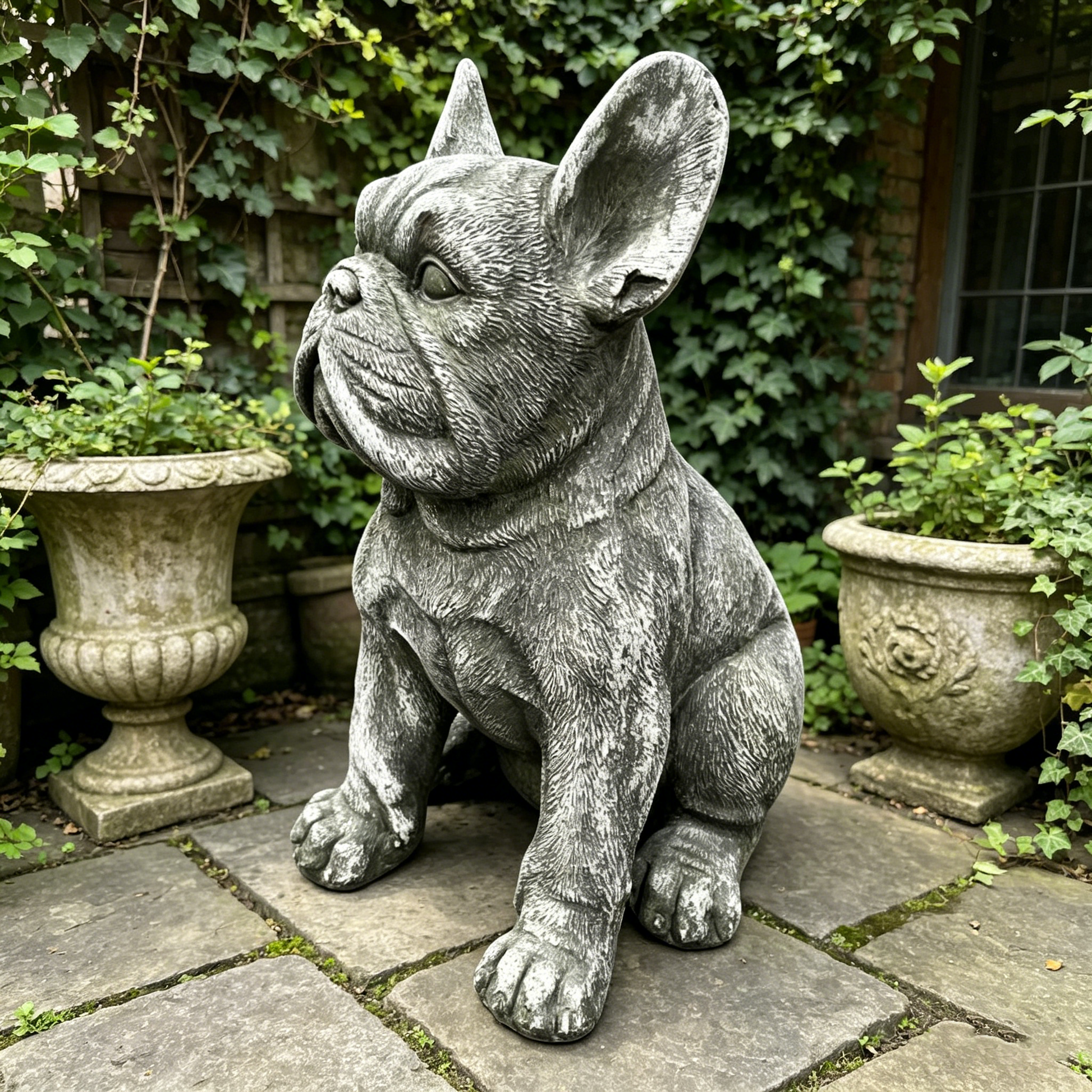 16-inch outdoor weatherproof French Bulldog statue gray stone finish on Tampa Home & Garden Store