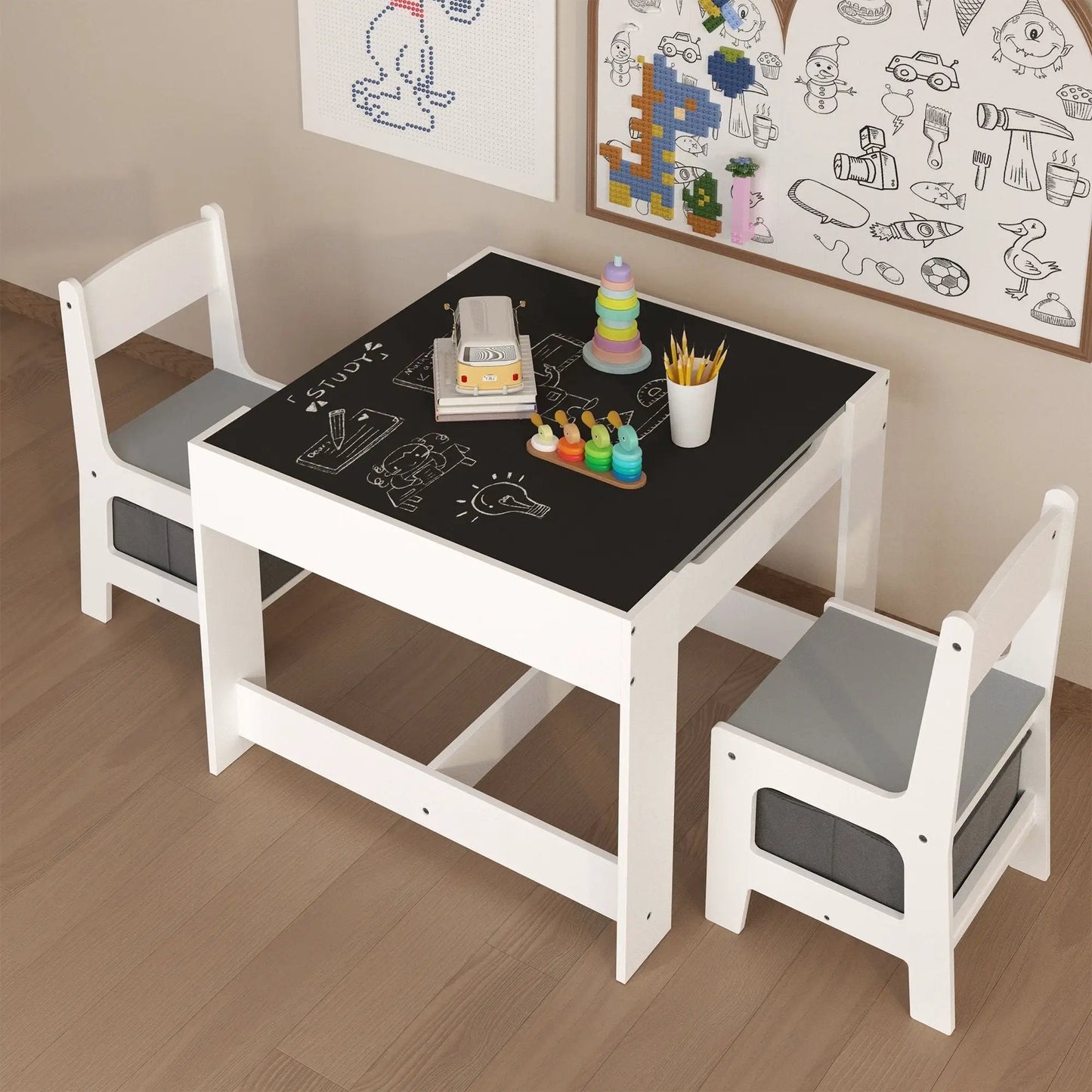 Kids Table and Chair Set 3 in 1 with Storage