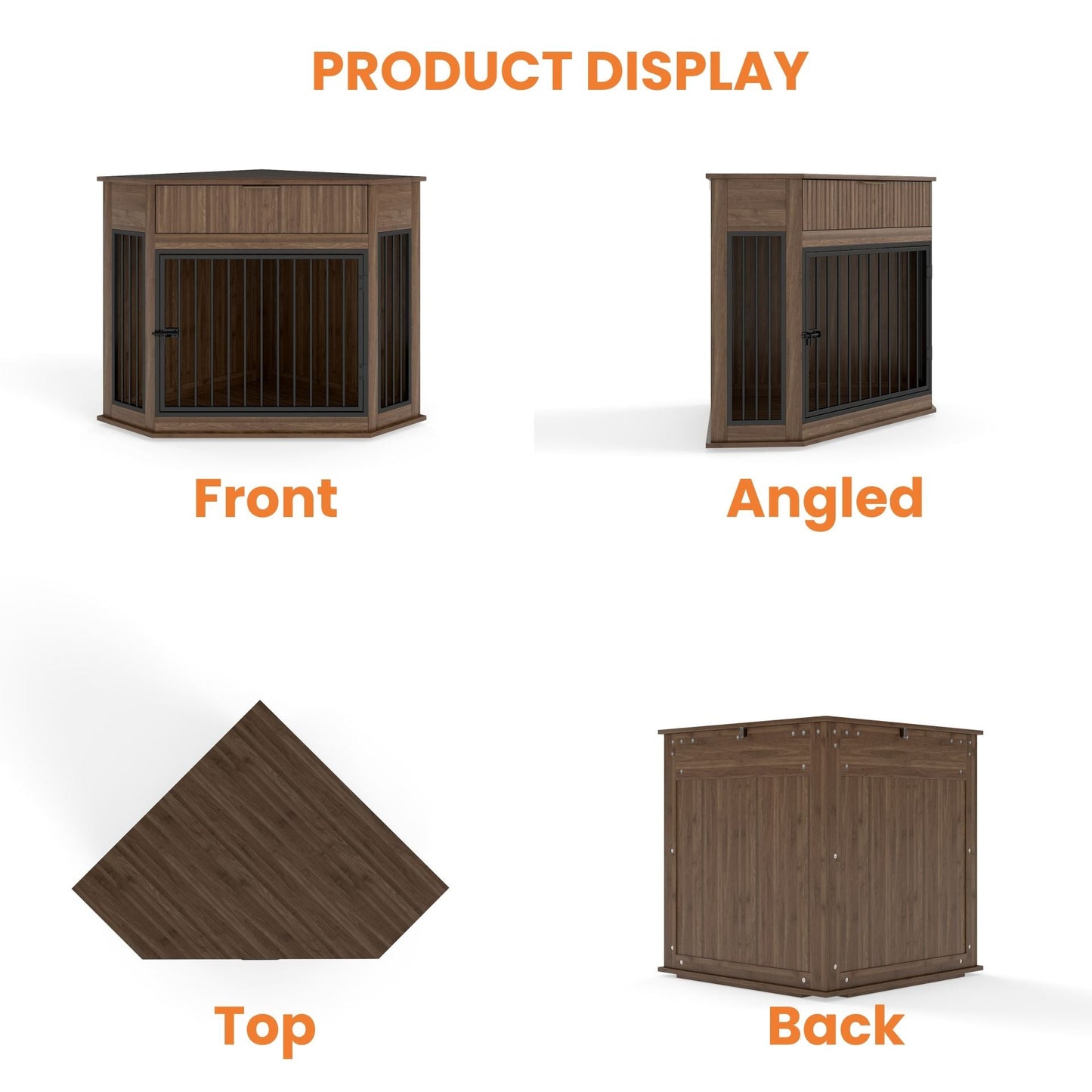 Corner Dog Crate by HouseOfZazla in brown wood with black metal bars, front and angled views on Tampa Home & Garden Store