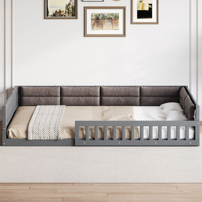 Upholstered platform bed with guardrail in gray fabric, tufted headboard and beige bedding on Tampa Home & Garden Store
