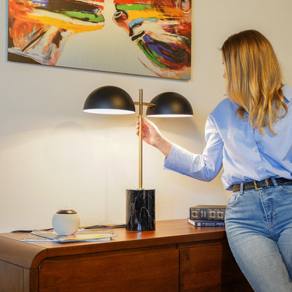 Nova hydro table lamp with on/off switch, double black shades on a gold stem and marble base on Tampa Home & Garden Store