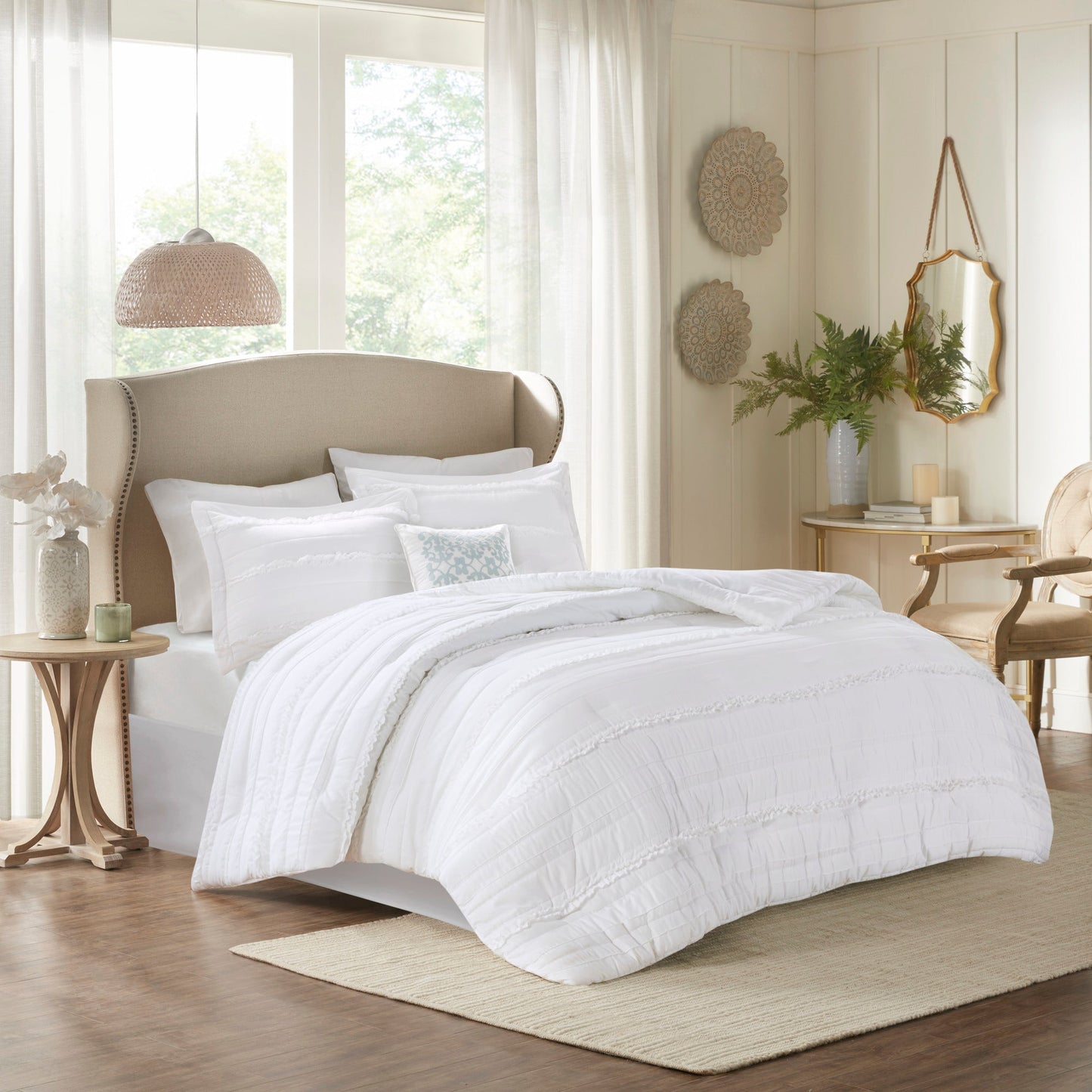 HouseOfZazla 5-Piece Microfiber Ruffled Comforter Set White Queen with ruffled edges on bed on Tampa Home & Garden Store