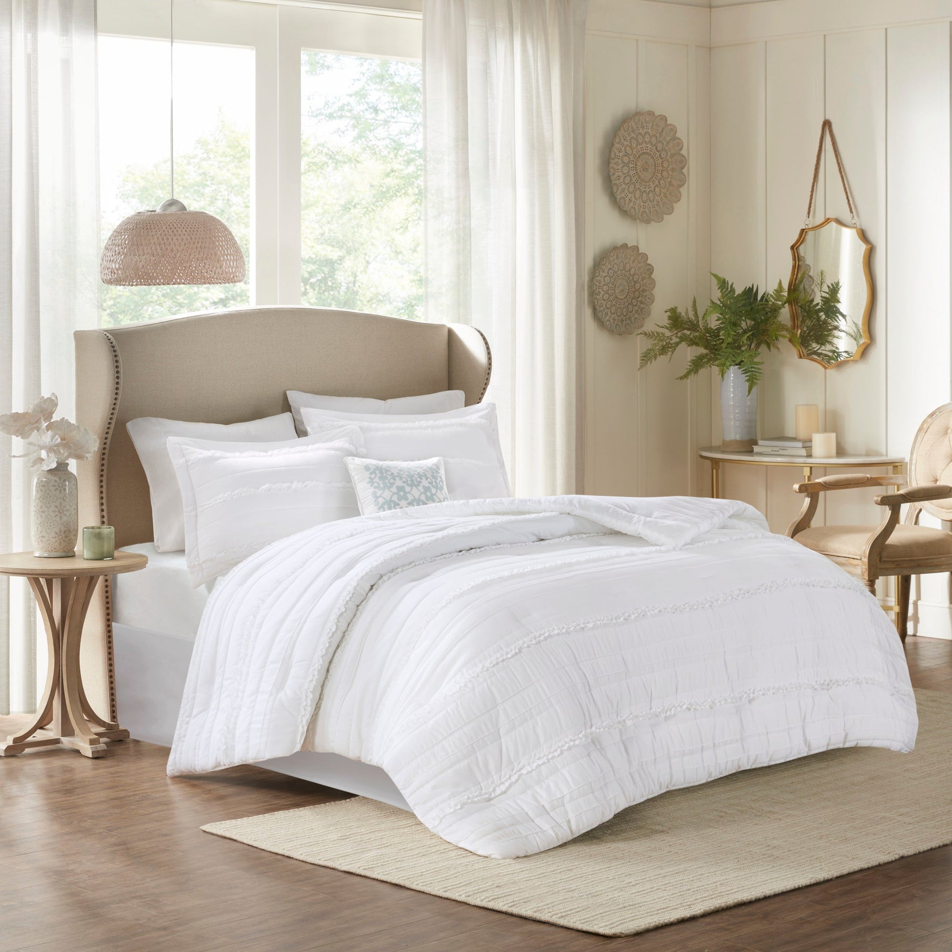 HouseOfZazla 5-Piece Microfiber Ruffled Comforter Set White Queen with ruffled edges on bed on Tampa Home & Garden Store