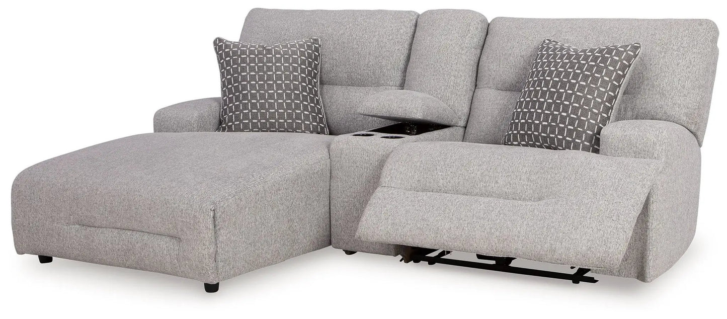 Acklen Place reclining sectional in gray fabric with center console and patterned pillows on Tampa Home & Garden Store