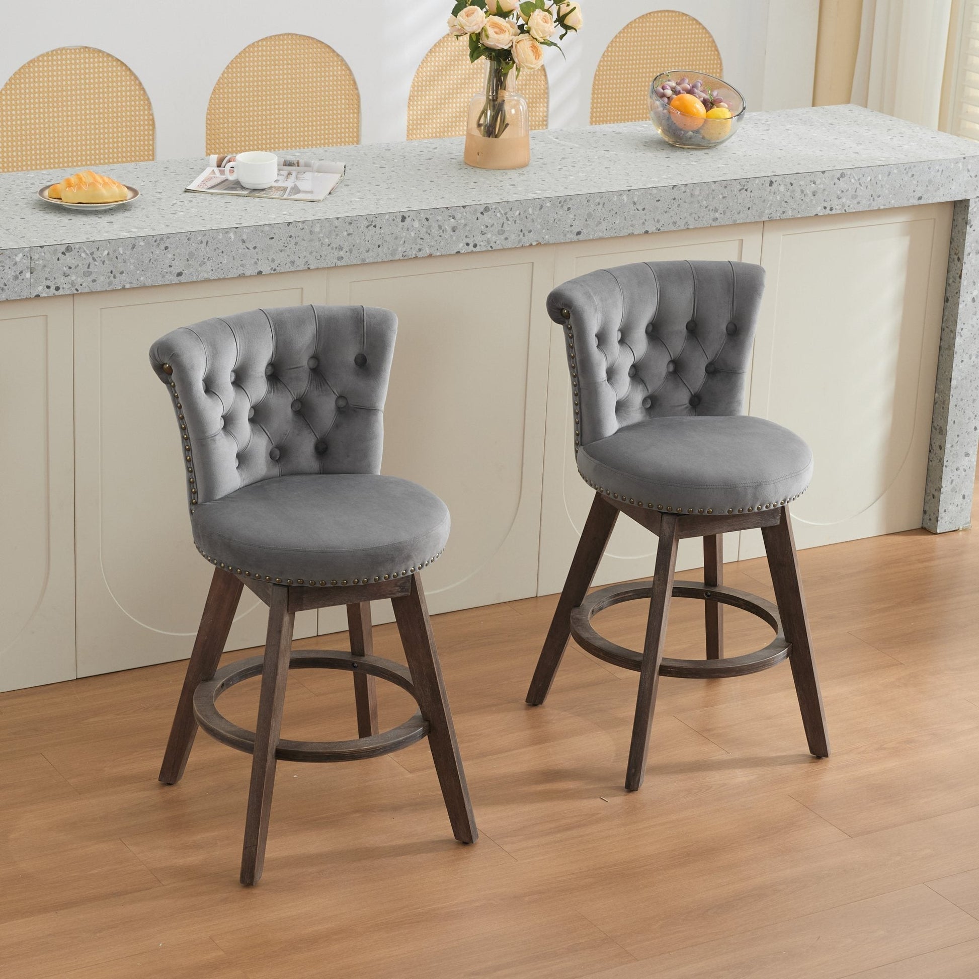 HouseOfZazla 26in counter height bar stools set of 2 in velvet, tufted backs, 360° swivel on Tampa Home & Garden Store