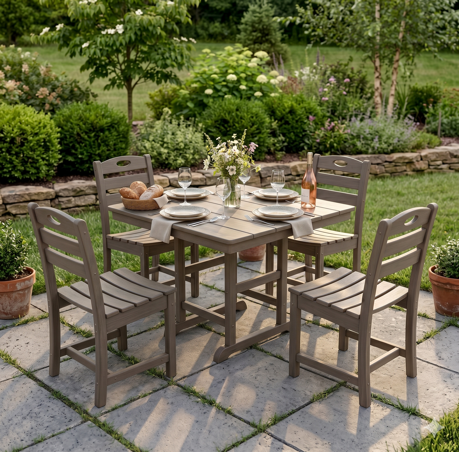 Antique wood HDPE 5-piece outdoor dining set with table and four chairs on Tampa Home & Garden Store
