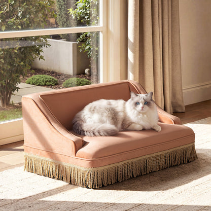 Duchess Cat Bed Sofa in tan with fringe trim, couch-style lounge bed for cats on Tampa Home & Garden Store