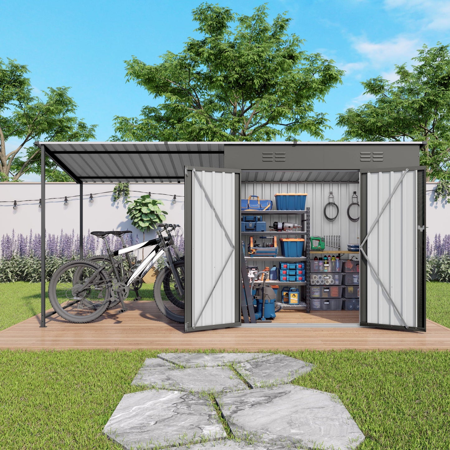 Heavy Gray Storage Shed and the Pergola Combo