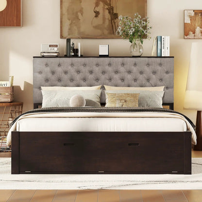 Platform bed with dark wood frame, gray tufted headboard and 4 storage drawers on Tampa Home & Garden Store