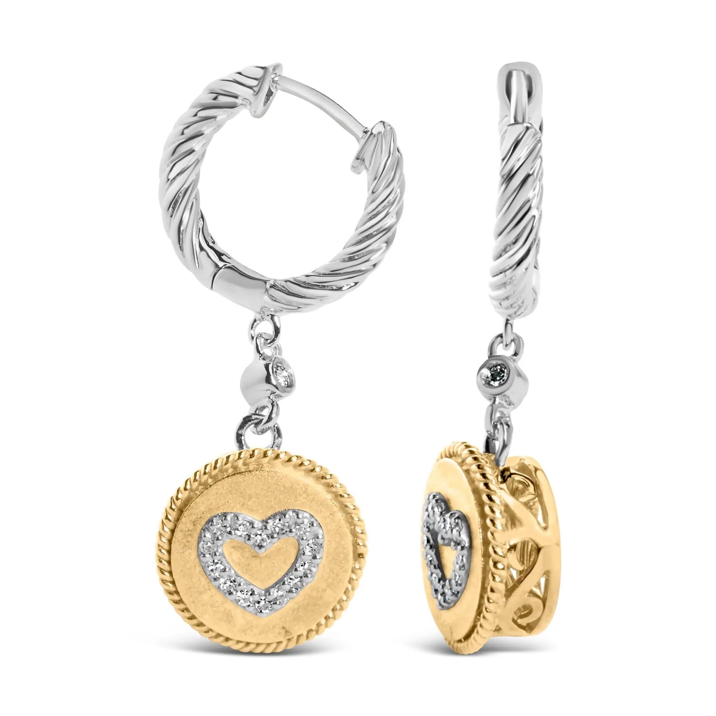 Two-tone twisted rope hoop earrings with diamond-heart medallion drops on Tampa Home & Garden Store
