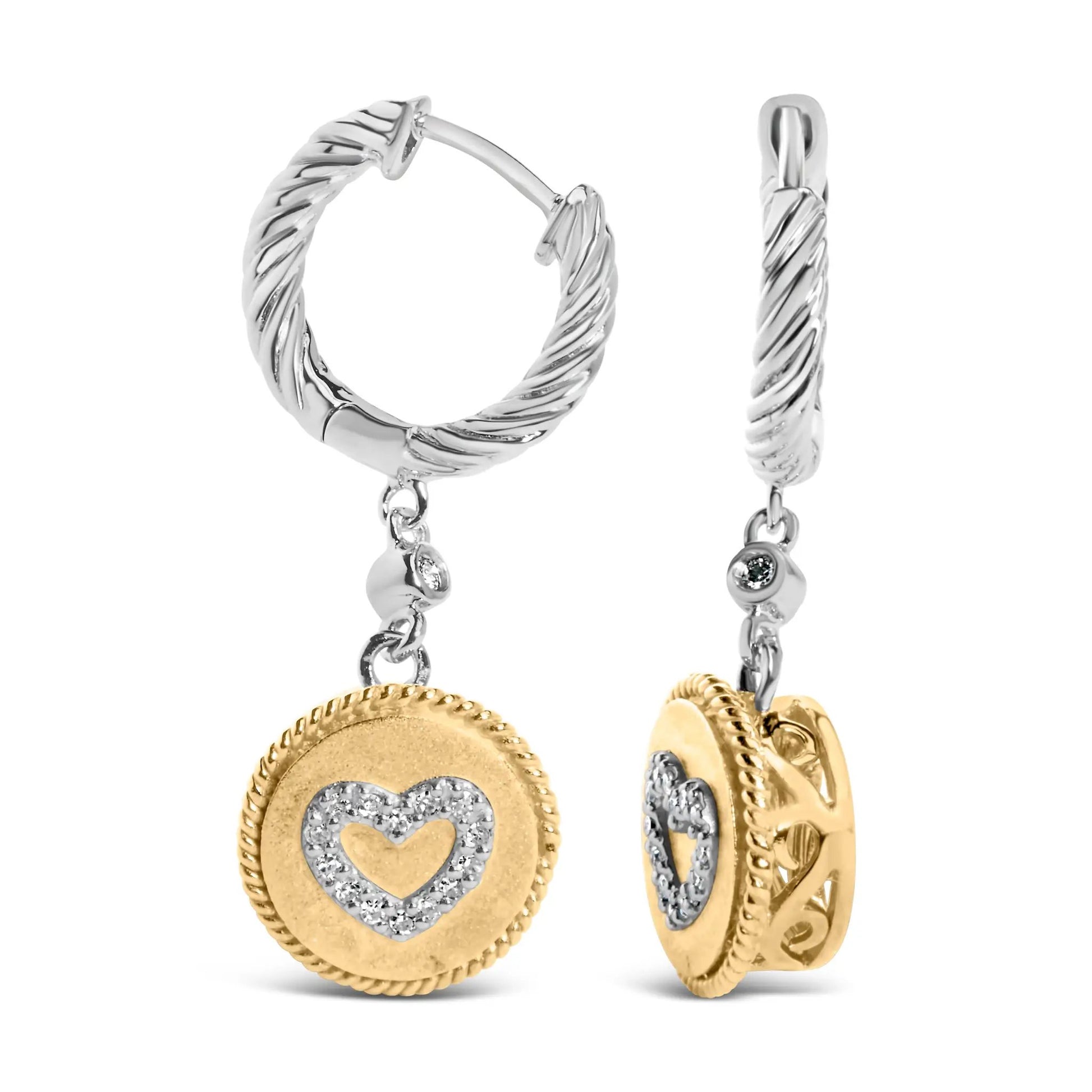 Two-tone twisted rope hoop earrings with diamond-heart medallion drops on Tampa Home & Garden Store