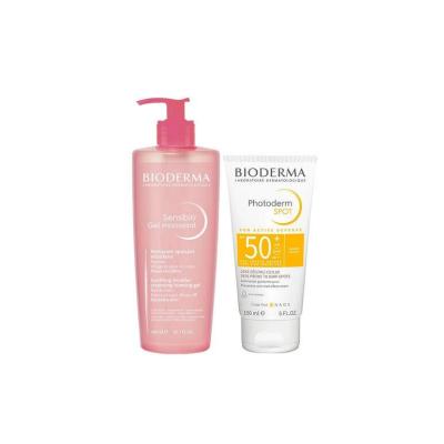 Bioderma Sensibio Foaming Gel pink bottle and Photoderm SPF50+ sunscreen duo on Tampa Home & Garden Store