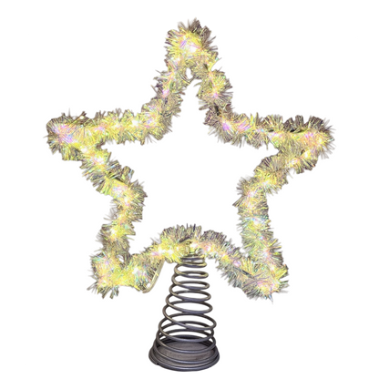 Estrella de oropel plateada con LED blanco cálido para copas de árbol (12 pulgadas)