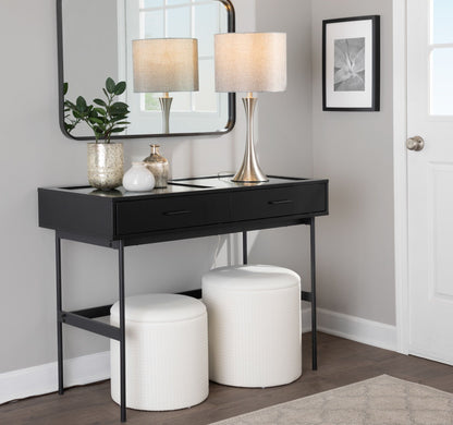 Lenuxe contemporary table lamp set of 2 with metal bases and beige shades on black console on Tampa Home & Garden Store