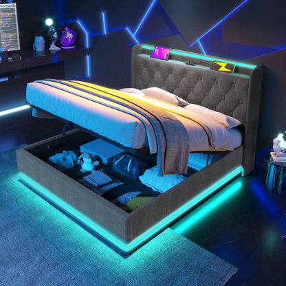 Upholstered storage bed with 360 LED lighting, gray fabric and hydraulic lift storage under bed on Tampa Home & Garden Store