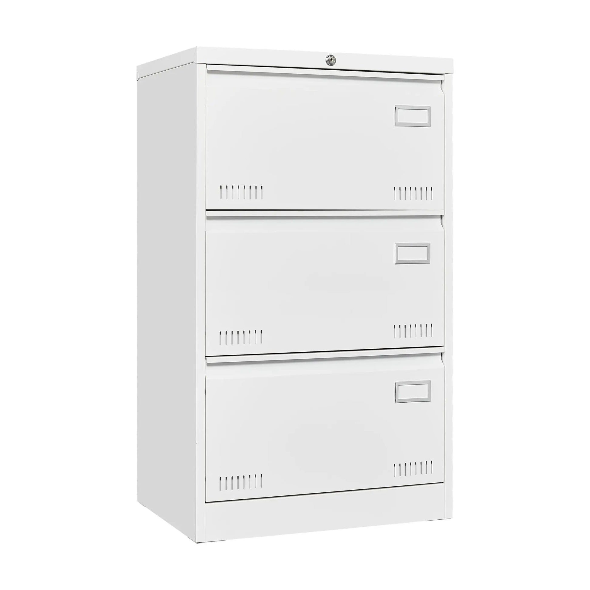 Three-drawer white metal locking filing cabinet with label slots for home office on Tampa Home & Garden Store