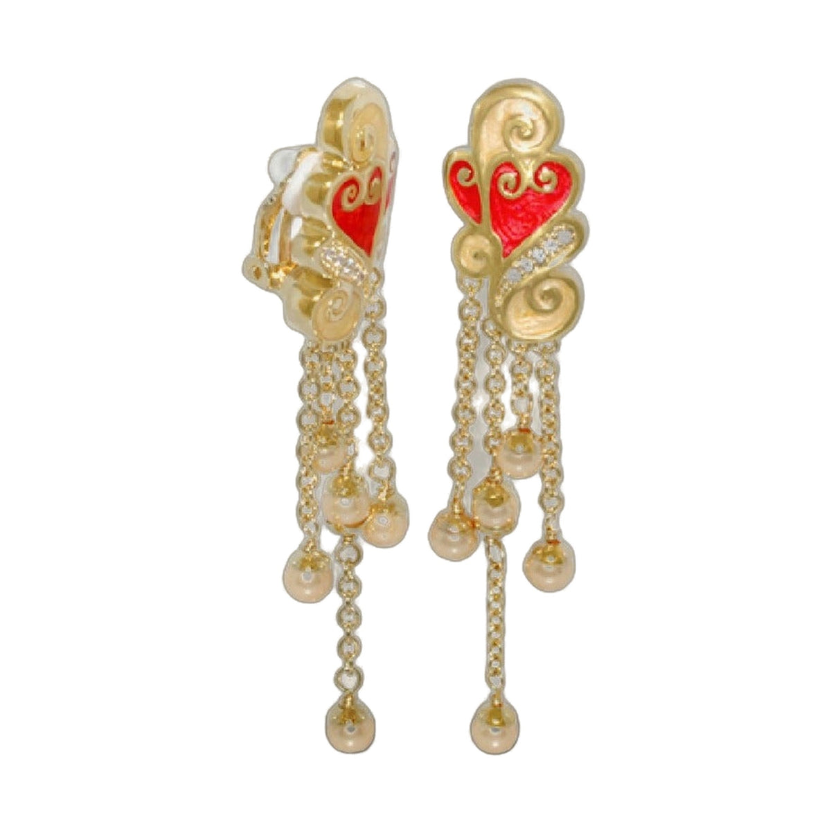 Butterfly earrings pair in gold-tone with red heart enamel and dangling bead chains on Tampa Home & Garden Store
