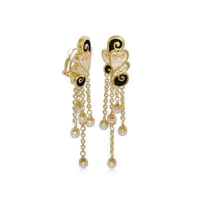 Pair of butterfly earrings by Lauren G Adams, gold-tone with black enamel and pearl tassel chains on Tampa Home & Garden Store