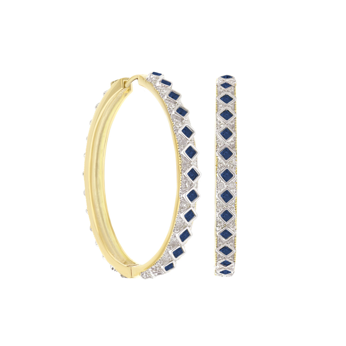 Crystal hoop earrings by Lauren G Adams, gold and silver-tone hoops with blue square crystals on Tampa Home & Garden Store