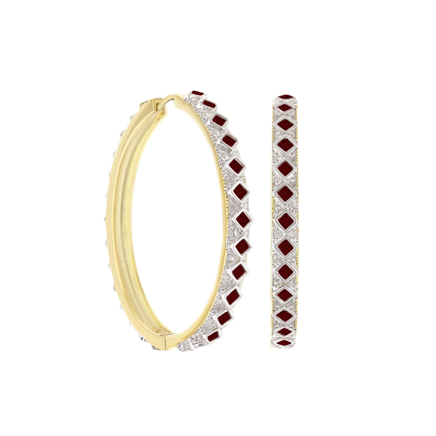 Crystal hoop earrings by Lauren G Adams, gold-tone and silver-tone hoops with red square stones on Tampa Home & Garden Store