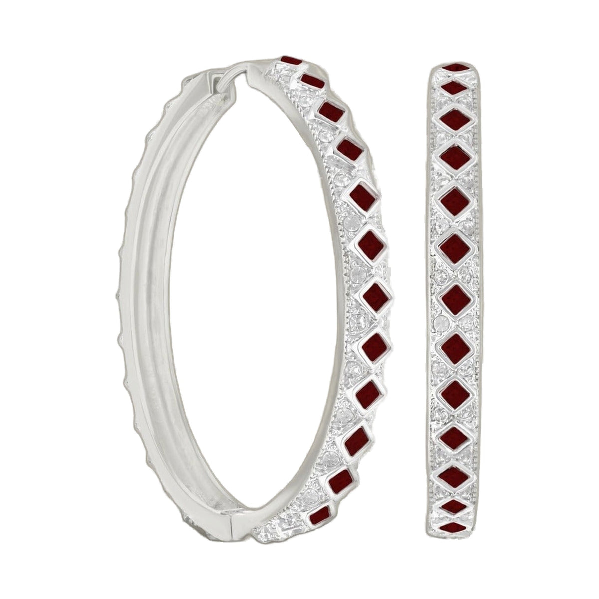 Crystal Hoop Earrings by Lauren G Adams, silver hoops with clear crystals and red inlays on Tampa Home & Garden Store