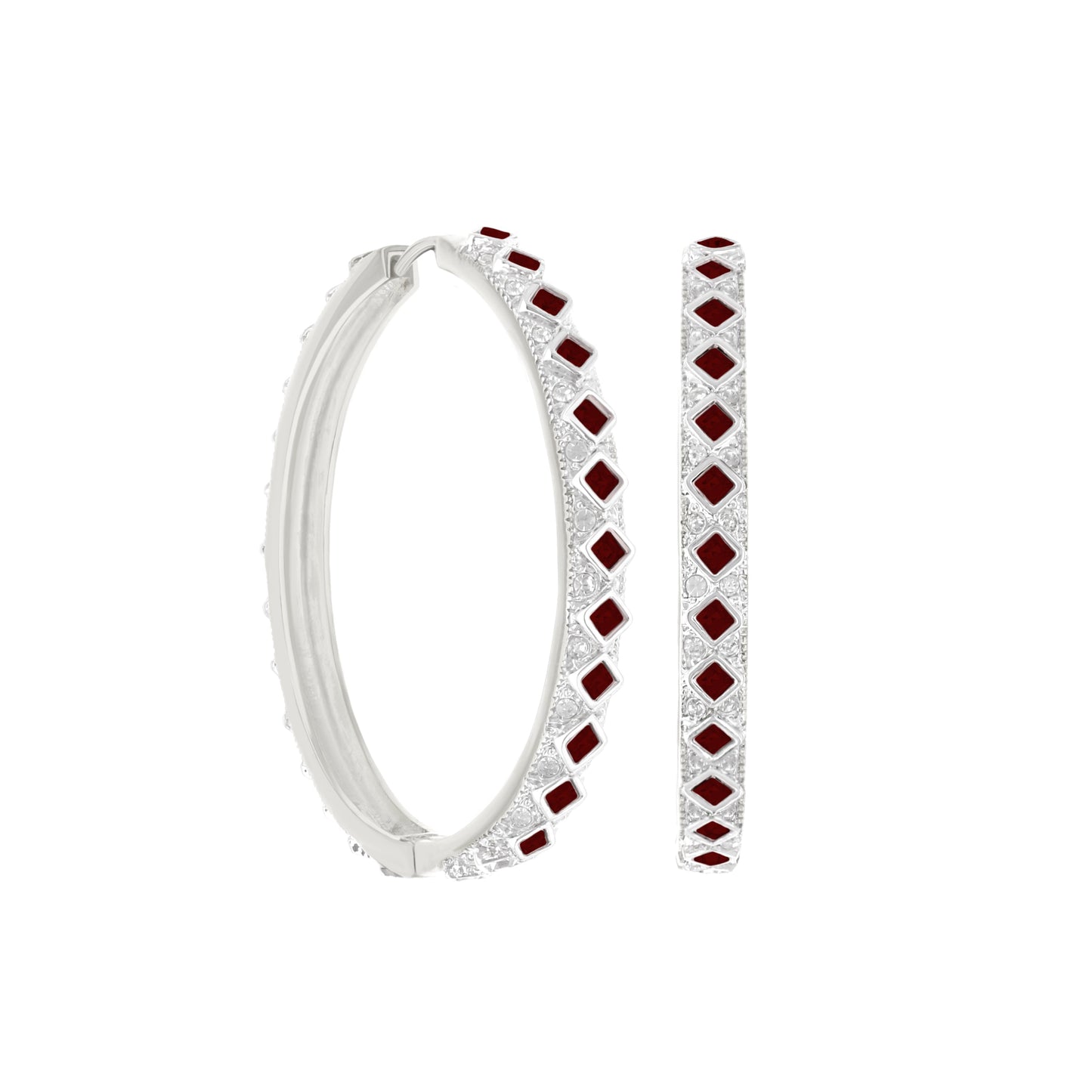Crystal hoop earrings by Lauren G Adams with red square gemstones on pave silver hoops pair on Tampa Home & Garden Store