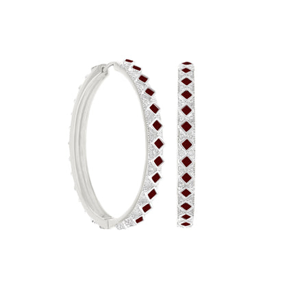 Crystal hoop earrings by Lauren G Adams with red square gemstones on pave silver hoops pair on Tampa Home & Garden Store