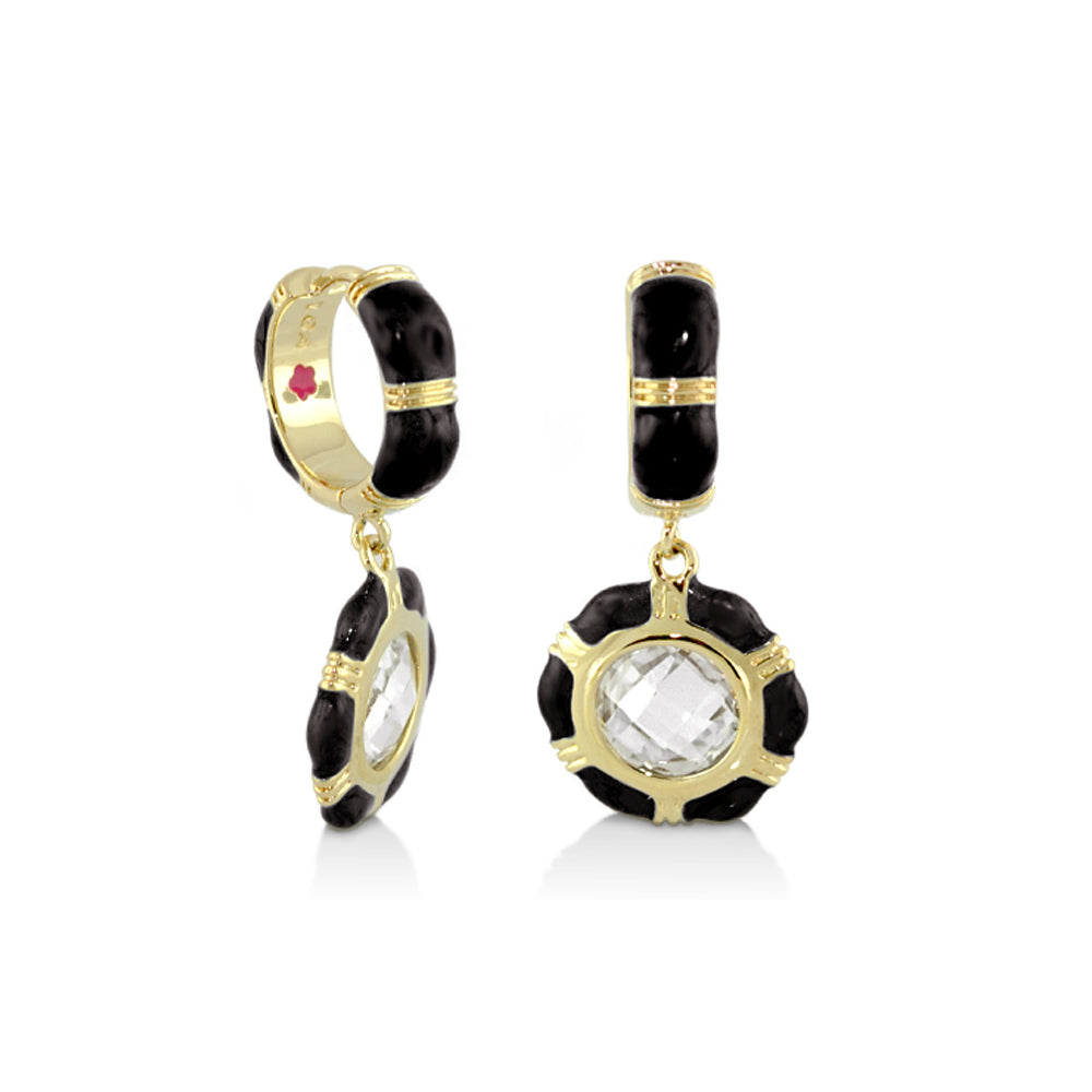 Prince Charming Cubic Zirconia Earrings by Lauren G Adams, gold hoops with black enamel on Tampa Home & Garden Store
