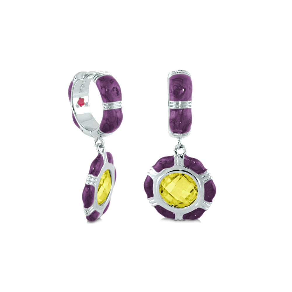 Prince Charming Cubic Zirconia Earrings by Lauren G Adams, purple enamel halo with yellow center stone on Tampa Home & Garden Store