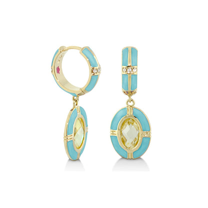 Prince Charming Enamel-Framed Oval Drop Earrings in turquoise & gold with yellow gemstone on Tampa Home & Garden Store