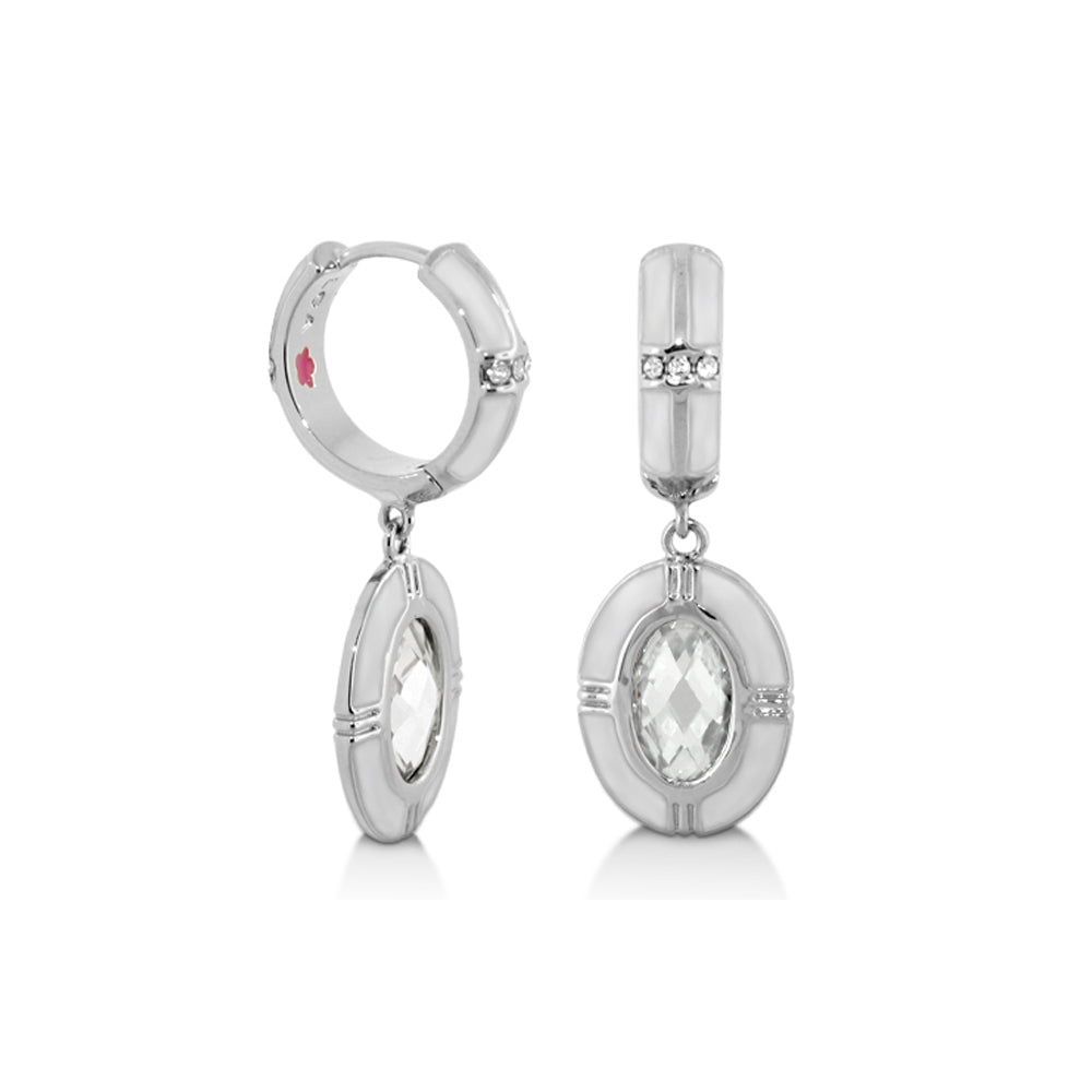 Prince Charming Earrings — enamel-framed oval drop, silver-tone with clear crystals, pair on Tampa Home & Garden Store