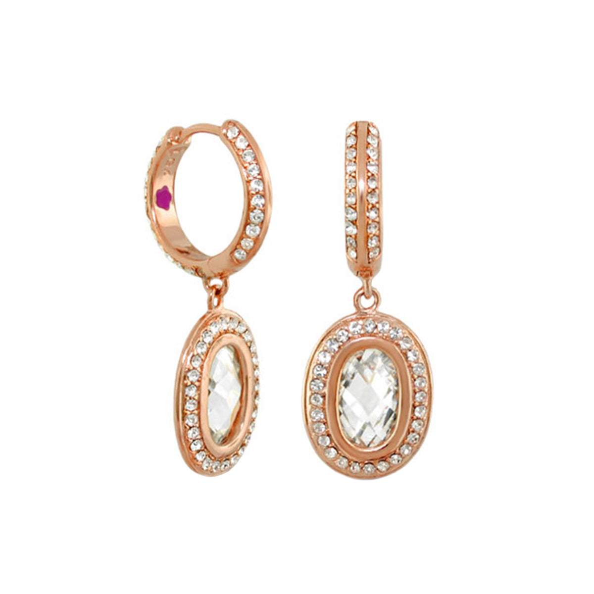 Classic Charm Huggie earrings by Lauren G Adams in rose gold with oval crystal drop on Tampa Home & Garden Store