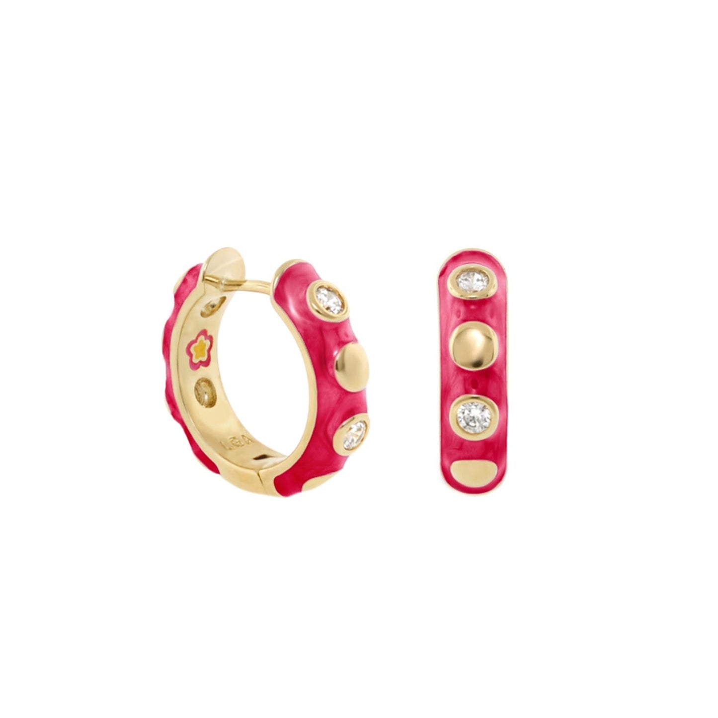 Stackable Fiesta Dot Huggie Earrings by Lauren G Adams in pink enamel with gold dots on Tampa Home & Garden Store