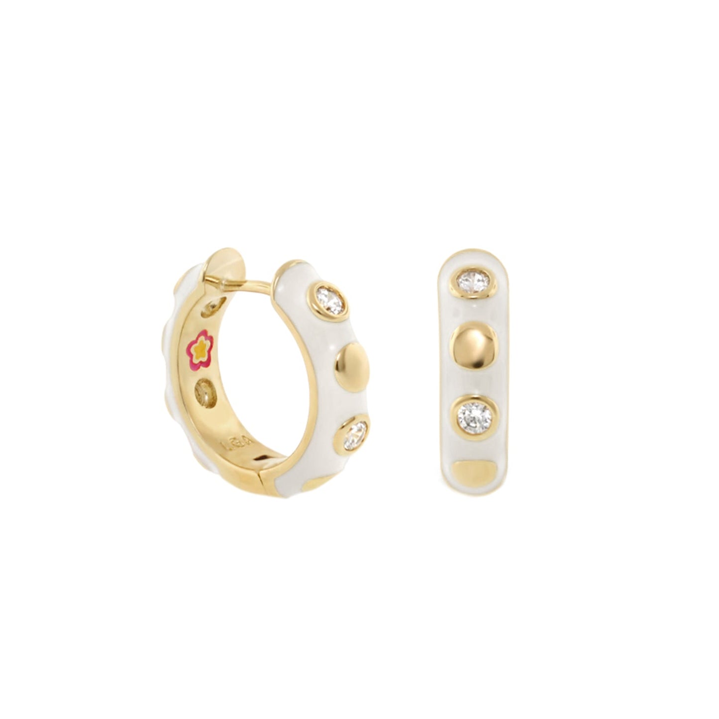 Stackable Fiesta Dot Huggie Earrings by Lauren G Adams, gold-tone hoops with white enamel on Tampa Home & Garden Store
